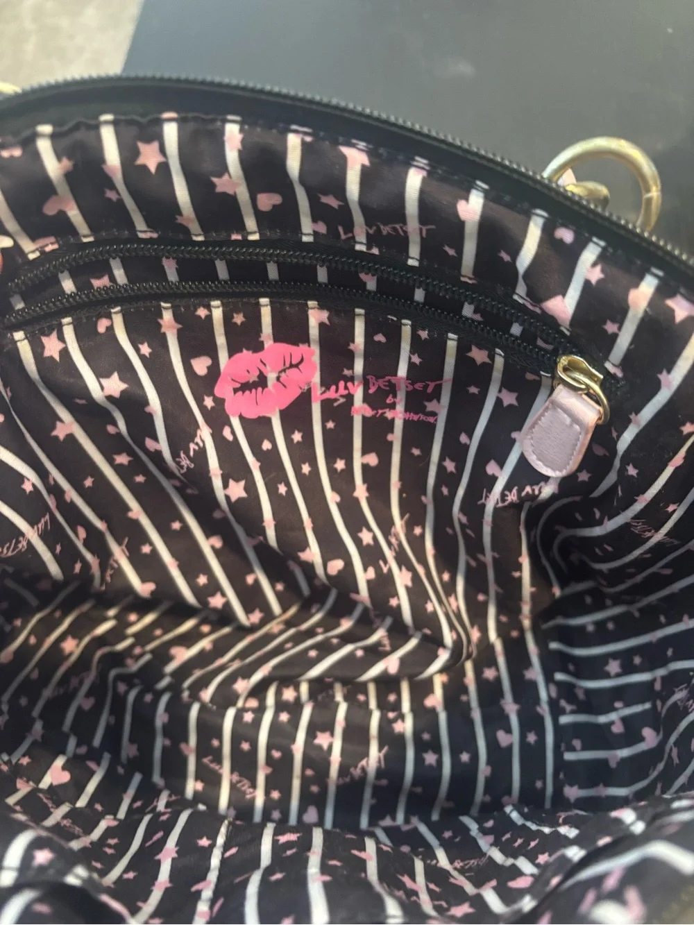 Betsy Johnson Quilted Heart Accent Tote Bag in Black and Pink